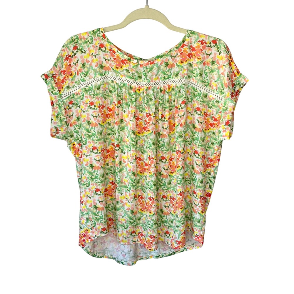Loft Womens Floral Crochet Trim‎ Blouse Green Orange Pink Short Sleeve Size M
